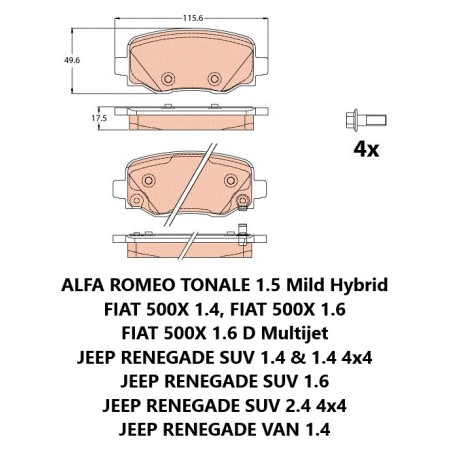 TRW GDB2116 Brake Pads - Fits Alfa Romeo, Fiat 500X, Jeep Renegade