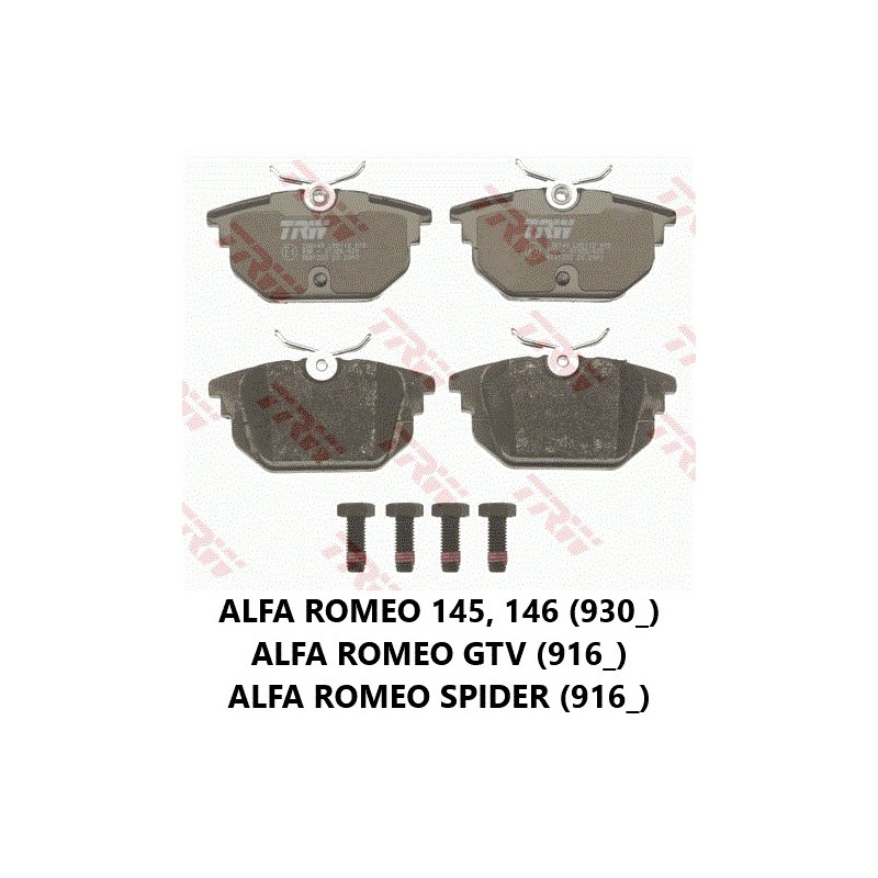 TRW Brake Pad Set GDB1333 for Alfa Romeo: Top-tier performance for 145, 146, GTV, and Spider. TRW Brake Pad Set GDB1333 for Alfa Romeo: Top-tier performance for 145, 146, GTV, and Spider.